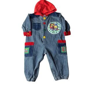 Vintage 90s Colorblock Train Conductor Hooded Jumpsuit Size 18m
